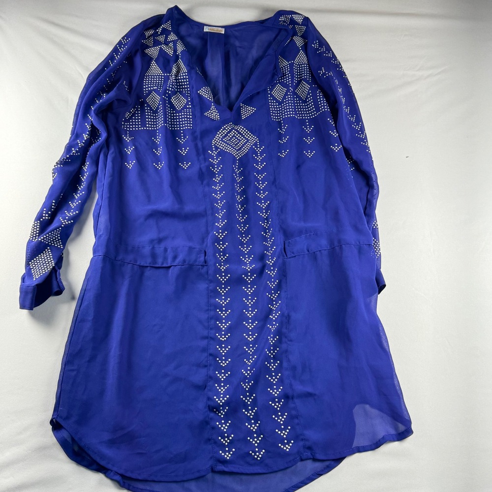 Rubber Ducky Productions‎ Royal Blue Rhinestone Embellished V-Neck Tunic Blouse